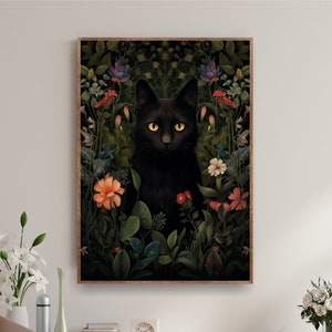 Black Cat William Morris Art Poster, Exhibition Modern Gallery Wall Art Print or Stretched Canvas
