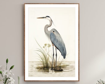 Great Blue Heron Print, Watercolor Painting, Minimalist Coastal Room Decor, Extra Large Bird Picture, Modern Fine Art Posters