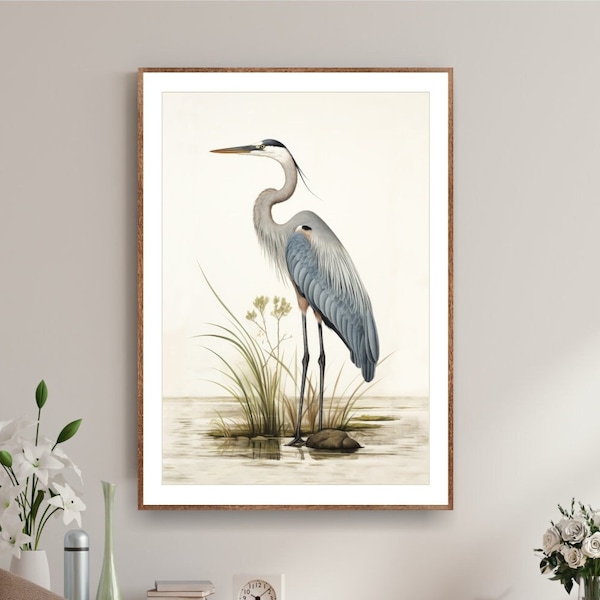 Lámina de garza azul, pintura a la acuarela, decoración minimalista para habitaciones costeras, imagen de ave extragrande, pósteres de arte moderno.