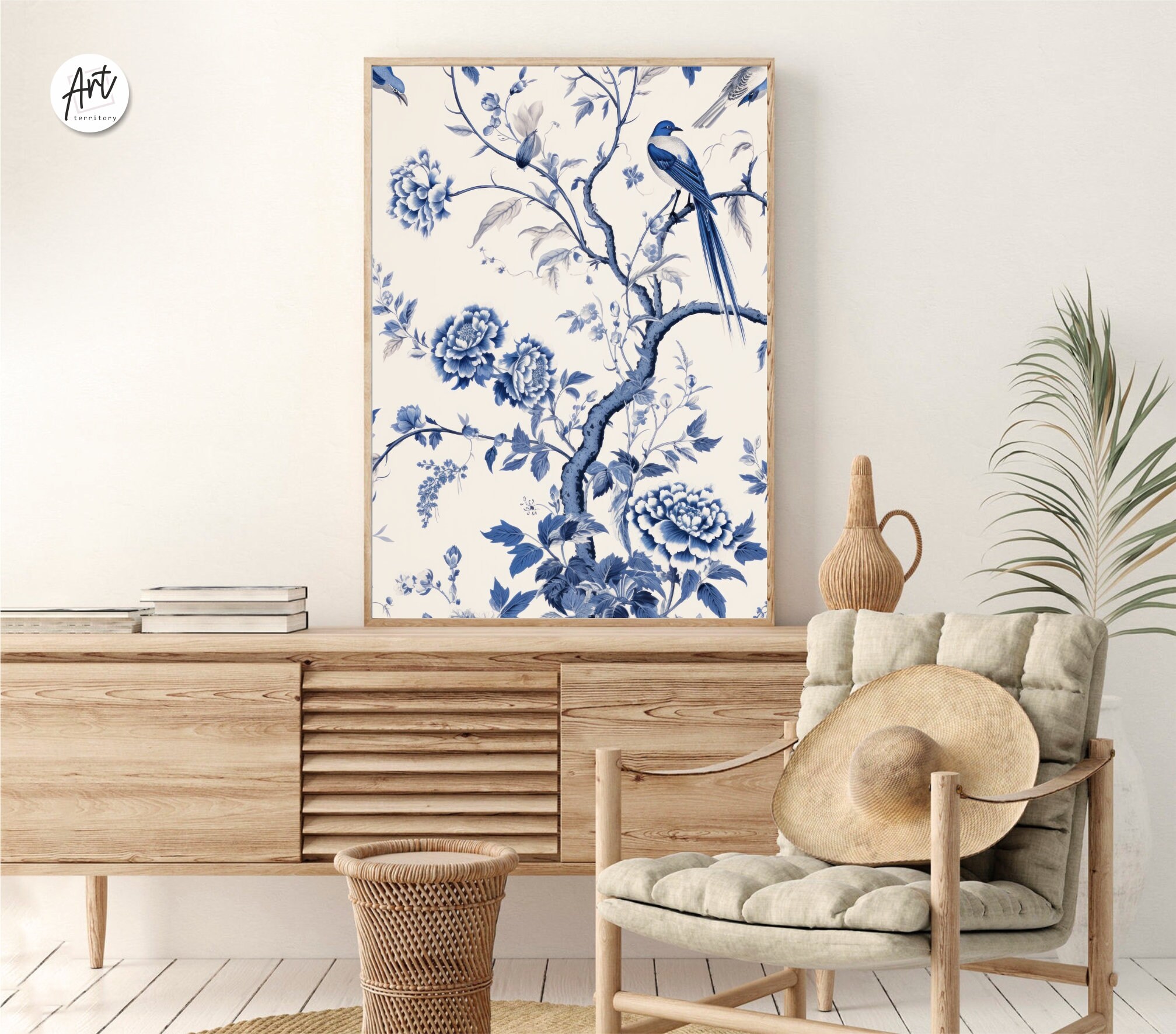 Vintage Antique Blue Chinoiserie Art Print, Extra Large Blue Wall Art ...