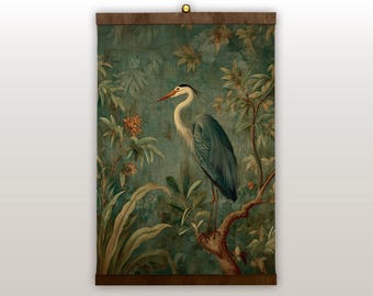 Tapiz de pared vintage extragrande con garza, decoración estilo cottagecore.