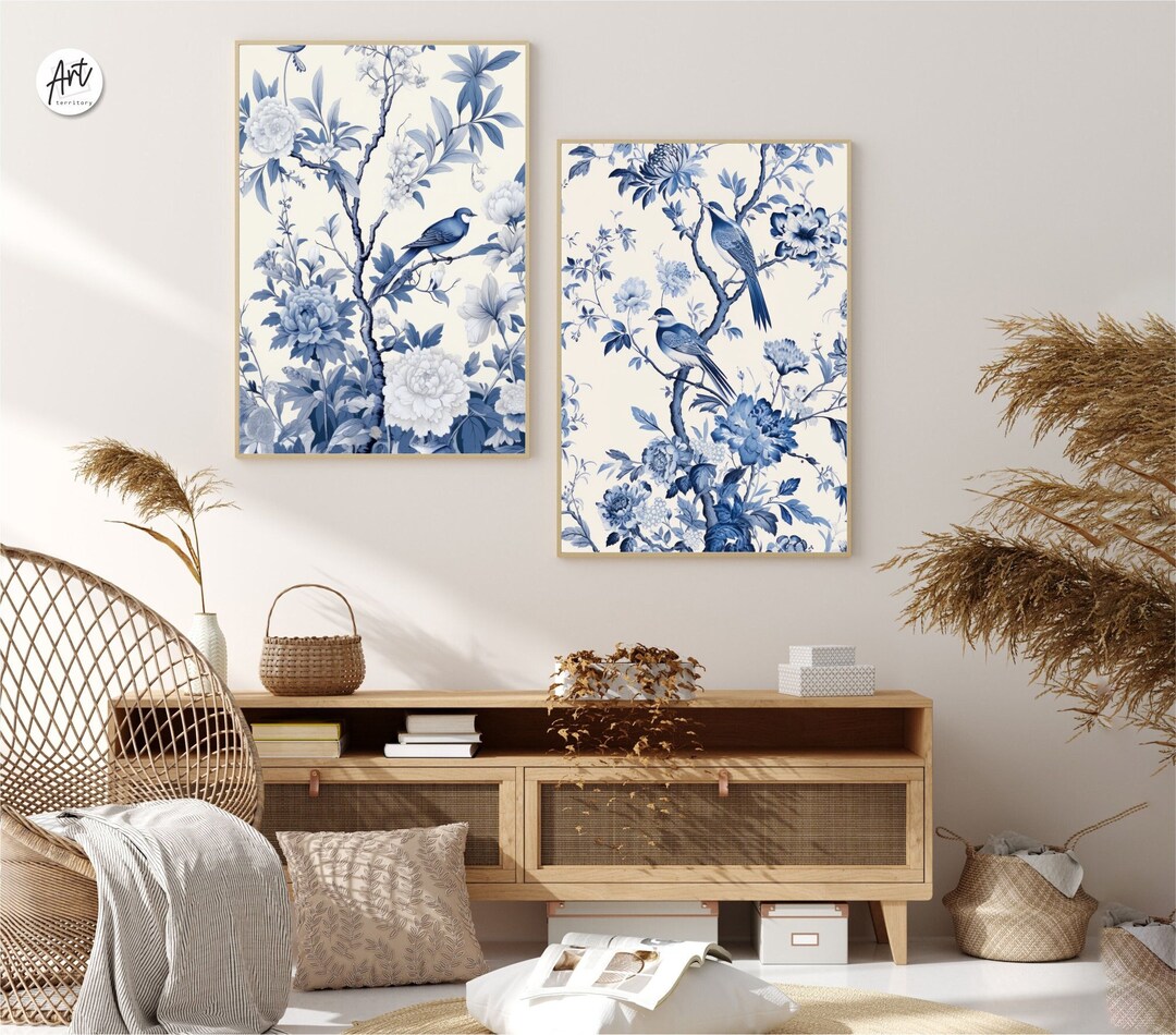 Classic Blue Chinoiserie Set of 2 Posters Art, Extra Large Wall Art - Etsy