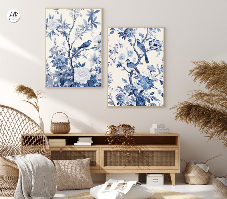 Classic Blue Chinoiserie Set of 2 Posters Art, Extra Large Wall Art