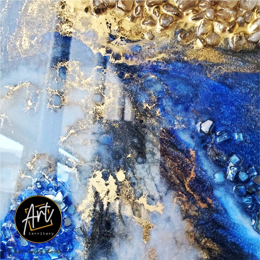 Navy Blue and Gold Epoxy Resin Art-crystal Resin Geode Wall Art-resin Wall  Art-golden Epoxy Art-blue Geode Wall Art-quartz and Amethyst Art 