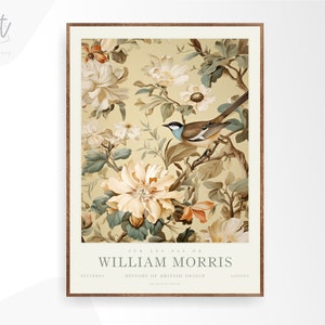 May include: A vintage-style poster featuring a floral pattern with a bird perched on a branch. The poster is titled "William Morris" and includes the text "History of British Design".