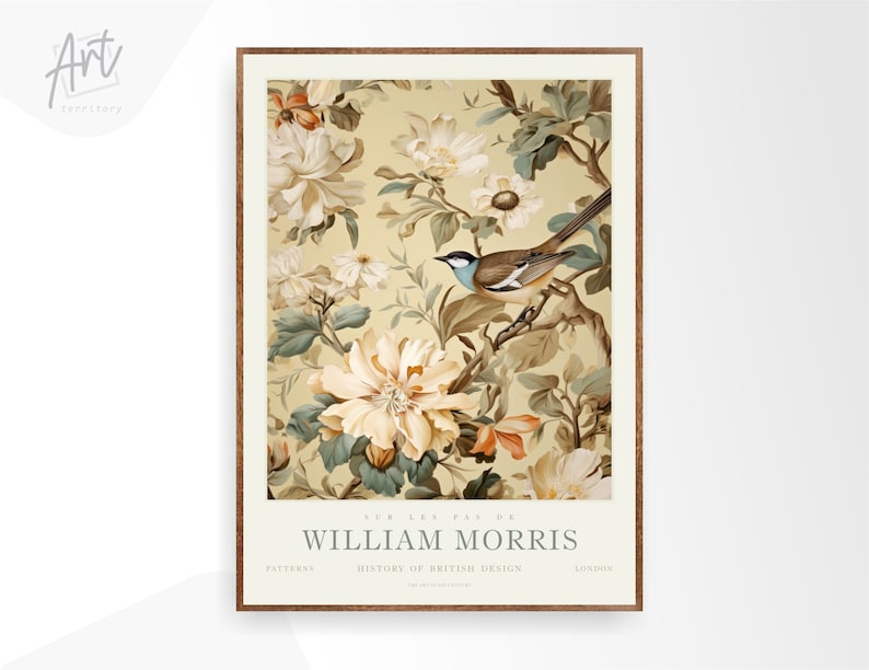 May include: A vintage-style poster featuring a floral pattern with a bird perched on a branch. The poster is titled "William Morris" and includes the text "History of British Design".