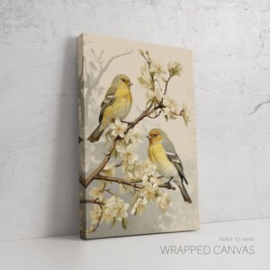 Canary Birds Botanical Floral Painting Art Print, Vintage Canvas Minimalist Room Decor, Extra Large Bird Picture