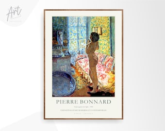 May include: A painting by Pierre Bonnard titled "Nude against the light" from 1908. The painting depicts a nude woman standing in a room with patterned wallpaper and a bed in the background. The painting is part of the Exposition d'Art Moderne et Contemporain in Paris, France.