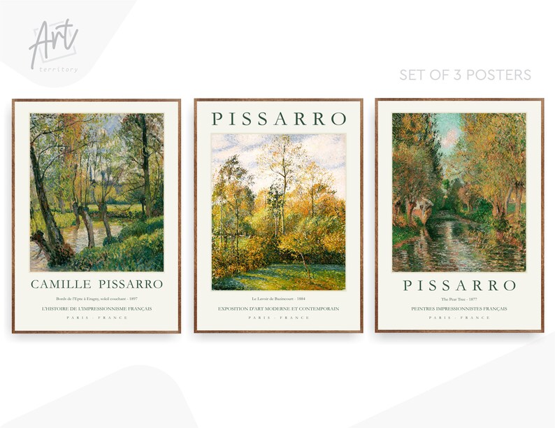 May include: Set of three art prints featuring paintings by Camille Pissarro. Each print features a landscape scene with a river and trees. The prints are framed in a simple brown frame with a white mat.