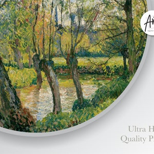 May include: A painting of a river scene with trees on either side of the water. The trees are green and brown, and the water is a light blue. The painting is done in a style that is reminiscent of Impressionism.
