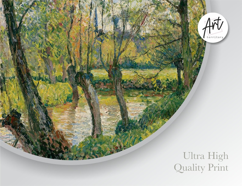 May include: A painting of a river scene with trees on either side of the water. The trees are green and brown, and the water is a light blue. The painting is done in a style that is reminiscent of Impressionism.