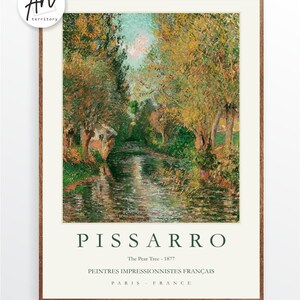 May include: A vintage poster featuring a painting of a river scene with trees and a small house in the distance. The title of the painting is "The Pear Tree - 1877" by Pissarro. The poster also includes the text "Peintres Impressionnistes Fran&ccedil;ais" and "Paris - France".