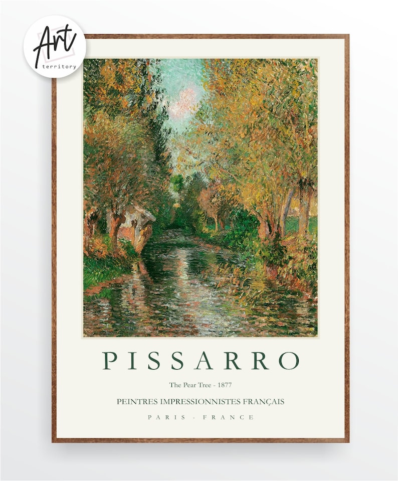May include: A vintage poster featuring a painting of a river scene with trees and a small house in the distance. The title of the painting is "The Pear Tree - 1877" by Pissarro. The poster also includes the text "Peintres Impressionnistes Fran&ccedil;ais" and "Paris - France".
