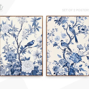 Classic Blue Chinoiserie Set of 2 Posters Art, Extra Large Wall Art