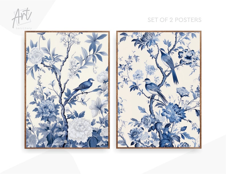 Classic Blue Chinoiserie Set of 2 Posters Art, Extra Large Wall Art