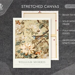 May include: A stretched canvas print featuring a vintage botanical illustration of flowers and a bird. The canvas is ready to hang and has a solid wooden frame. The edges are fully wrapped and professionally stretched.