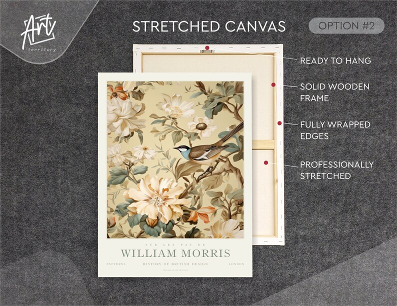 May include: A stretched canvas print featuring a vintage botanical illustration of flowers and a bird. The canvas is ready to hang and has a solid wooden frame. The edges are fully wrapped and professionally stretched.