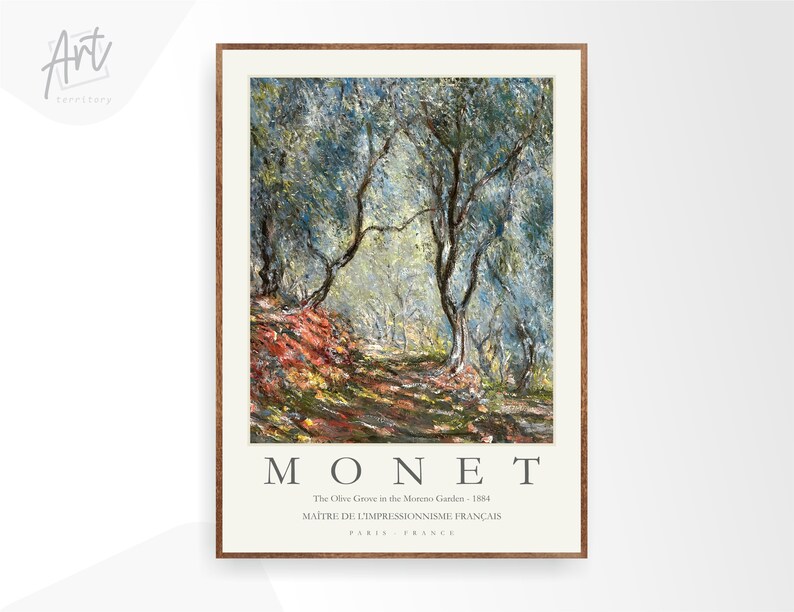 Op de afbeelding: Een ingelijste print van een schilderij van Claude Monet met de titel "The Olive Grove in the Moreno Garden - 1884". Het schilderij toont een olijfgaard met een pad dat er doorheen loopt. De bomen zijn geschilderd in tinten blauw, groen en geel, met hints van rood en oranje in het gebladerte. Het schilderij is geplaatst tegen een witte achtergrond.