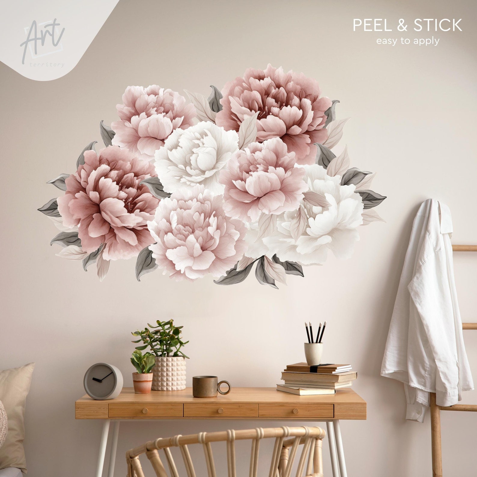 Peel and Stick Wall Decal, Peony Flowers Wall Sticker, Watercolor Peony ...