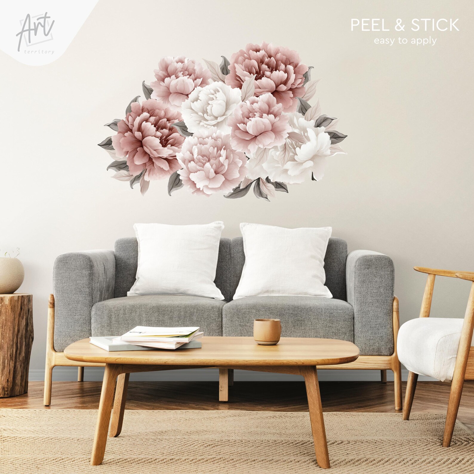 Peel and Stick Wall Decal, Peony Flowers Wall Sticker, Watercolor Peony ...