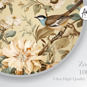May include: A vintage-style illustration of a bird perched on a branch with delicate white flowers and green leaves. The background is a soft yellow color.