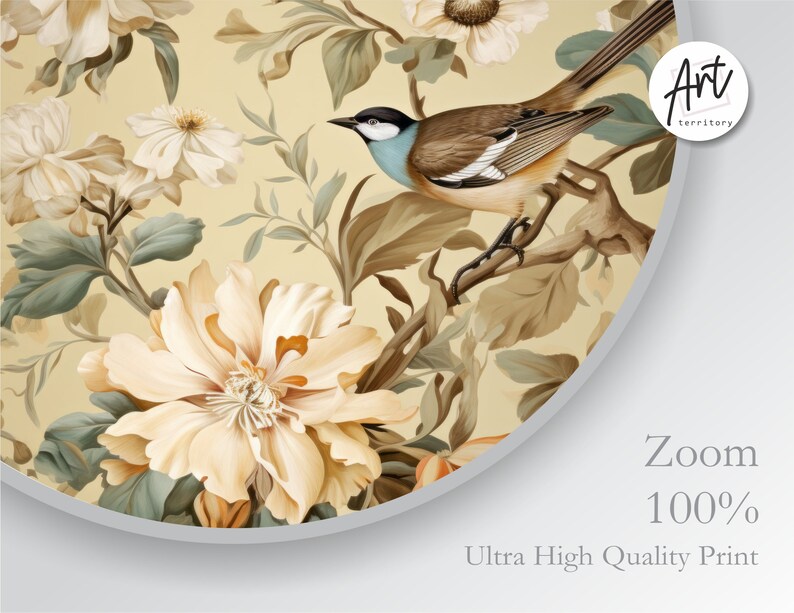 May include: A vintage-style illustration of a bird perched on a branch with delicate white flowers and green leaves. The background is a soft yellow color.