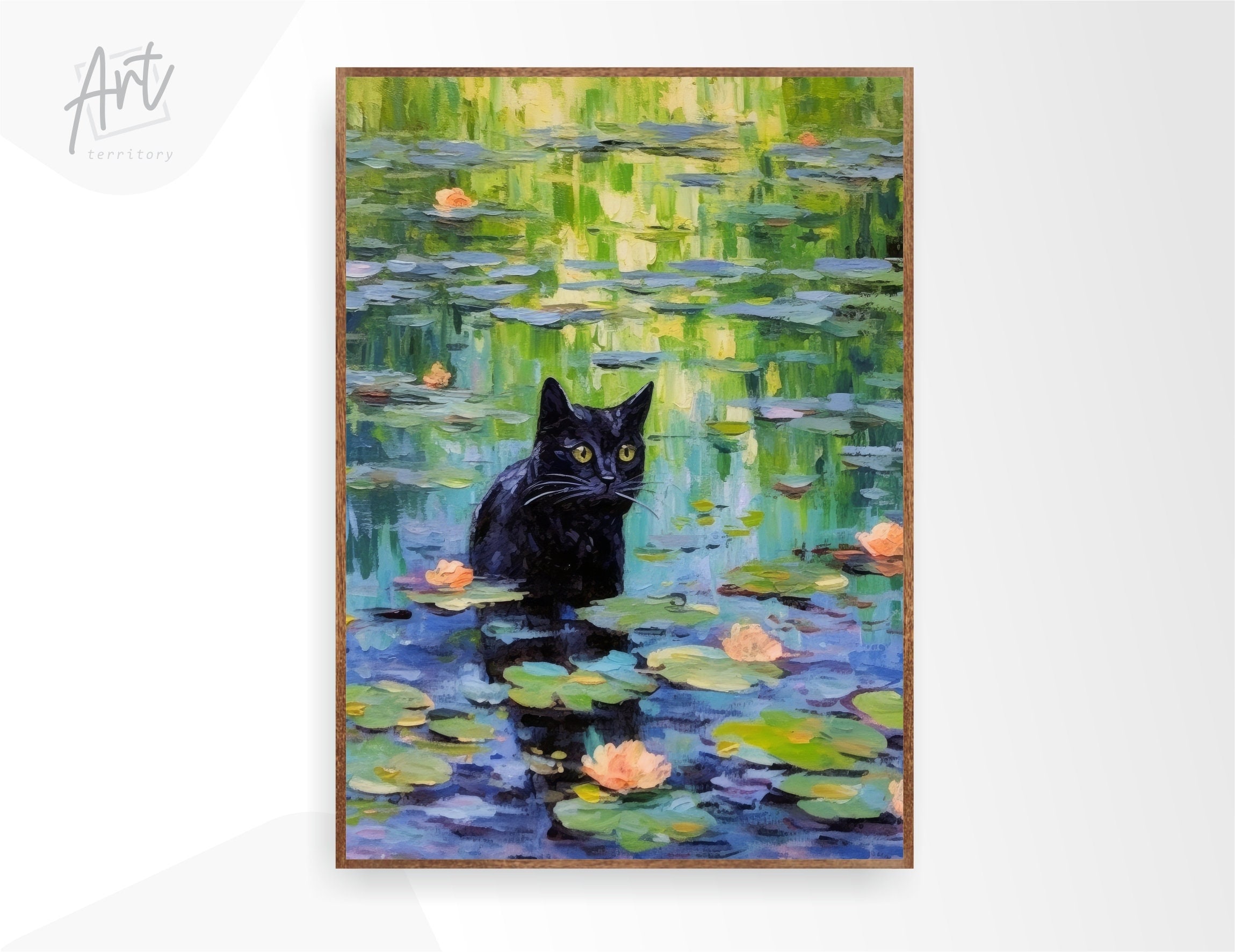 Monet Waterlily Black Cat Print, Gallery Exhibition Wall Art