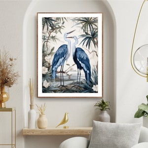 Great Blue Heron Print, William Morris Print, Watercolor Painting, Minimalist Coastal Room Decor, Extra Large Bird Picture