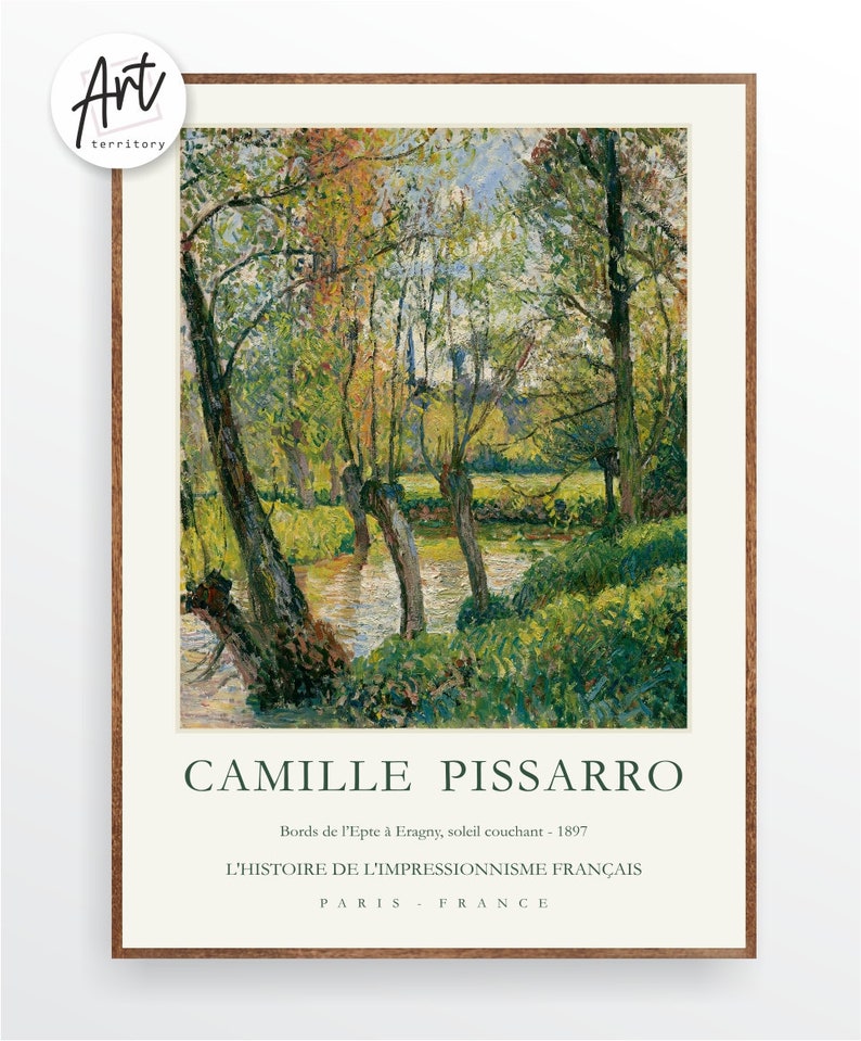 May include: A painting by Camille Pissarro titled "Bords de l'Epte &agrave; Eragny, soleil couchant - 1897". The painting depicts a river scene with trees and foliage in shades of green, yellow, and blue. The painting is framed in a brown wooden frame.