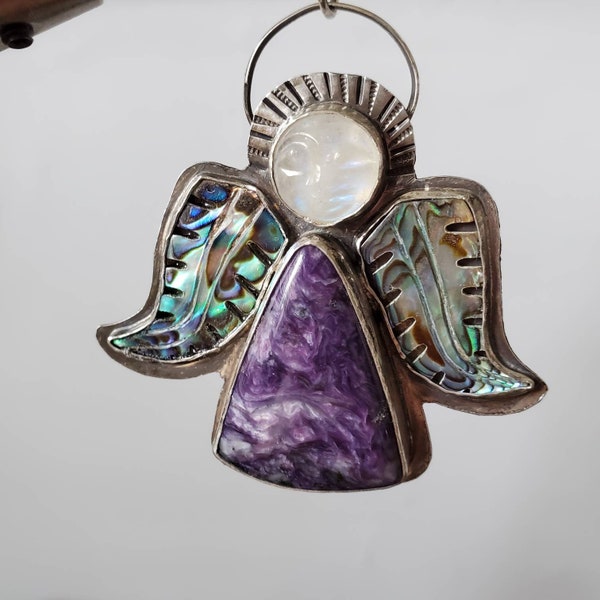 Angel 2, charoite, abalone, moonstone silver artisan pendant