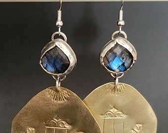 Labradorite Yurt silver brass earrings