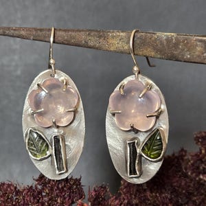 Rose quartz and tourmaline flower earrings