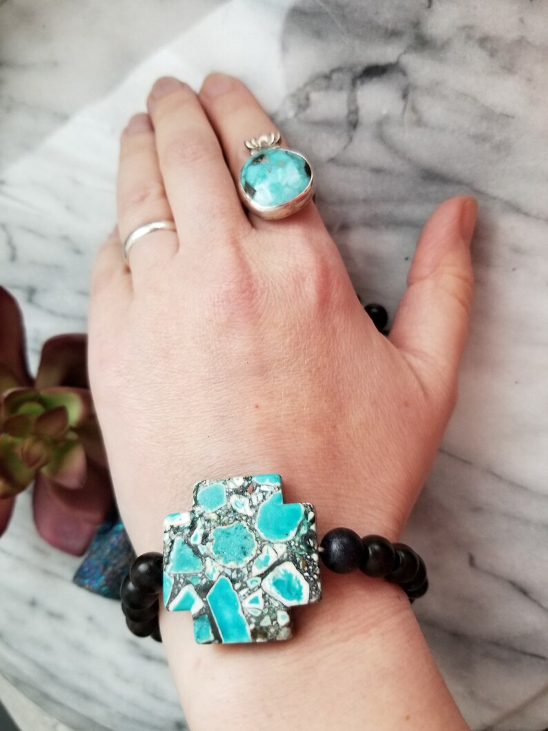 Sothwest cross in black stretch bracelet