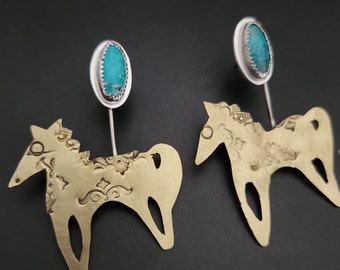 Turquoise studs with Kazakh horses