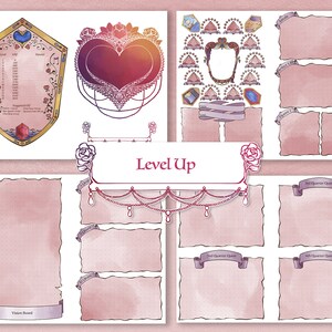 Könnte beinhalten: Ein druckbarer digitaler Planer mit rosafarbenem Aquarellhintergrund. Der Planer enthält Abschnitte für Vision Boards, Quartalsziele und Level-Up-Ziele. Der Planer ist mit Herzen, Rosen und Ketten verziert.