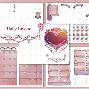 Könnte beinhalten: Eine druckbare Planerseite mit einem rosa und violetten Aquarellhintergrund. Die Seite verfügt über ein tägliches Layout mit einem Herzdesign, einen Wochenkalender und eine To-Do-Liste. Der Text "Daily Layout" befindet sich oben auf der Seite.