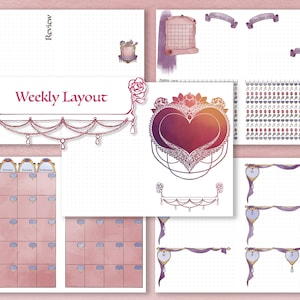 May include: A printable planner page with a weekly layout, featuring a pink and purple color scheme with a heart design. The page includes a section for "Review", a weekly calendar, and a section for "Daily Focus".