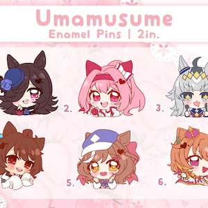 May include: Enamel pins featuring anime-style characters with large eyes and colorful hair. The pins are 2 inches in size and include the text "Umamusume" and "Enamel Pins | 2in." in pink. Each pin has a unique design and color scheme.