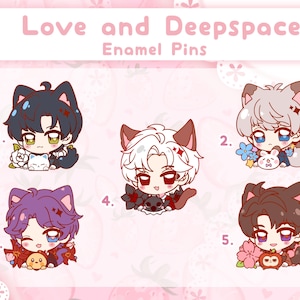 May include: A collection of enamel pins showcasing anime-style characters with cat ears. Each pin features a distinct design, with varied hair colours, outfits, and accessories such as flowers and small animals. The text "Love and Deepspace" and "Enamel Pins" is displayed.