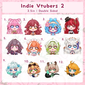Puede incluir: Una hoja de 12 pegatinas de personajes Indie Vtuber de 6,35 cm de doble cara. Cada pegatina presenta un personaje único de estilo anime con diferentes colores de pelo, atuendos y accesorios. El texto "Indie Vtubers 2" está en la parte superior.