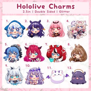Hololive Charms: Gawr Gura, Ina, Calli, Fuwamoco, Seuisei, Irys, Bae, Mumei, Fubuki, Bijou