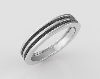 Black Diamond Ring Round Brilliant Cut Diamond Half Eternity Ring For Engagement In 14K White Gold