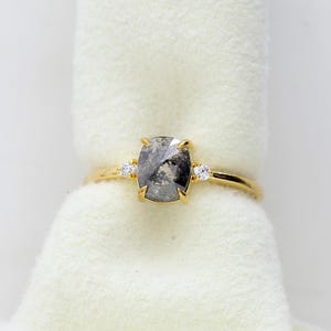 Natural Diamond 1.03 Carat Prong Set Round And Cushion Shape Diamond Salt And Pepper Diamond Minimalist Ring In 14K White Gold