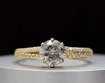 Anel de diamantes sal e pimenta, redondo de 1,03 quilates, ouro amarelo 14K