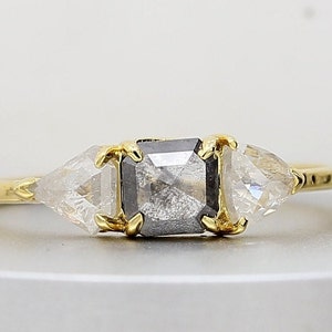 Natural Handmade 0.94 Carat Triangle Shape Diamonds, Emerald Salt And Pepper Ring In White, Yellow & Rose Gold