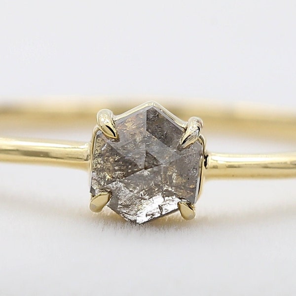 Natural Diamond Ring Hexagon Brilliant Diamond Ring Salt And Pepper Diamond Ring For Engagement Diamond Ring Gift For Her Diamond Ring