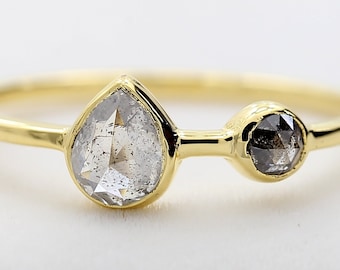 Natural Handmade 0.53 Carat Round & Pear Shape Diamonds, Salt And Pepper Ring In White, Yellow And Rose Gold