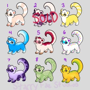 May include: A digital illustration sheet featuring nine cartoon ferrets numbered one through nine. Each ferret has a unique color pattern, including solid, spotted, striped, and sprinkle designs. The text "SOLD" is written over the second ferret.