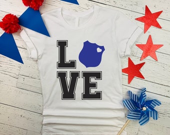 Love Police Girlfriend / Wife -Shield T-shirt - Thin Blue Line - Protect and Serve, Civil Servant Love