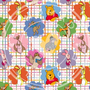 May include: A vibrant pattern showcasing characters from Winnie the Pooh, such as Pooh Bear, Tigger, Piglet, and Eeyore. The characters are set against a floral background with a multi-coloured plaid design.
